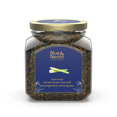 Blue Nectar Green Tea Leaves with Decongestant Lemongrass | Loose Green Leaves Sourced from Assam | Reusable Glass Jar (50 gm + 15 gm Free)